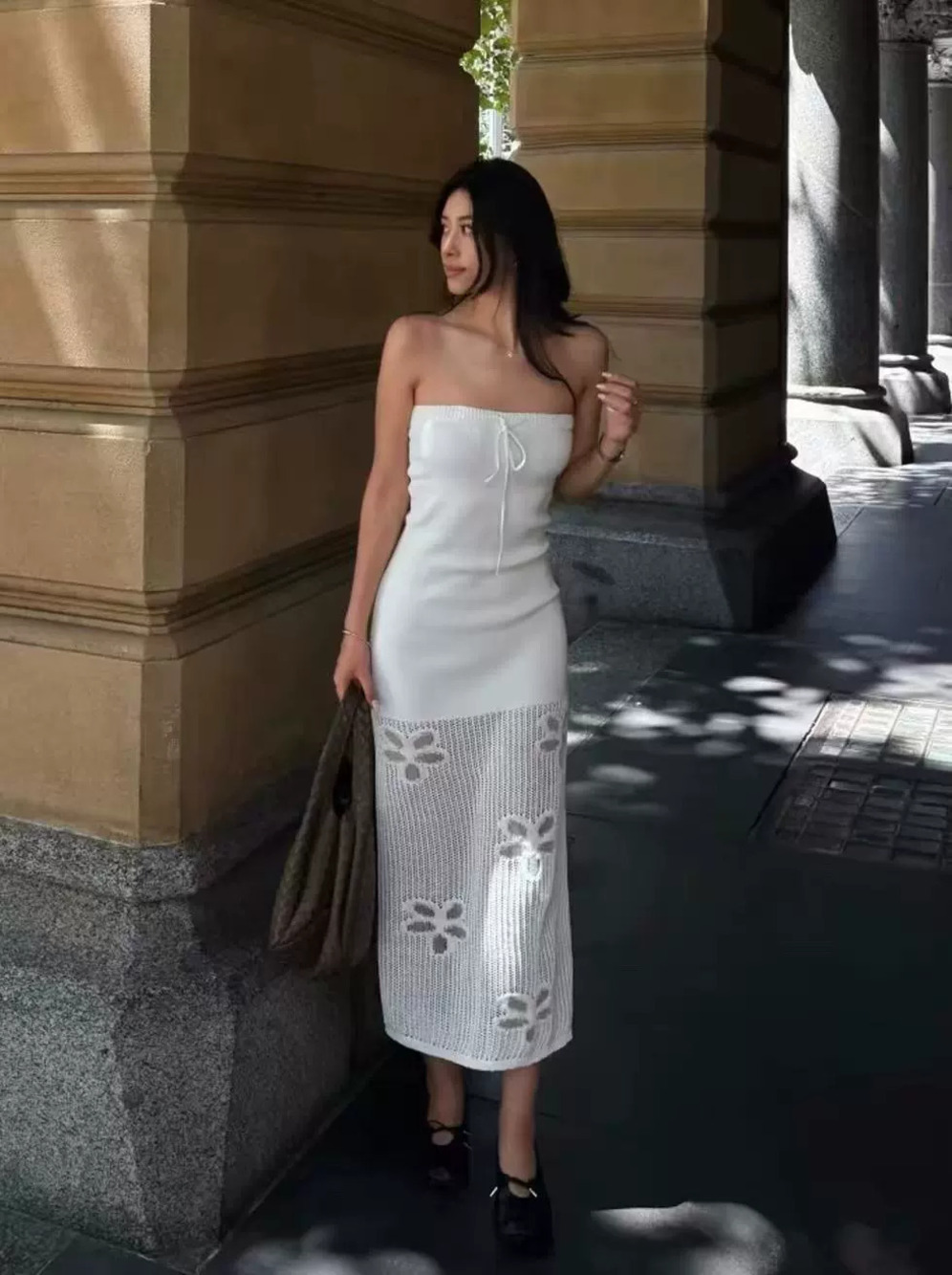 Zara Summer White Knit Strapless Hollow Out Slim Long Maxi Dress